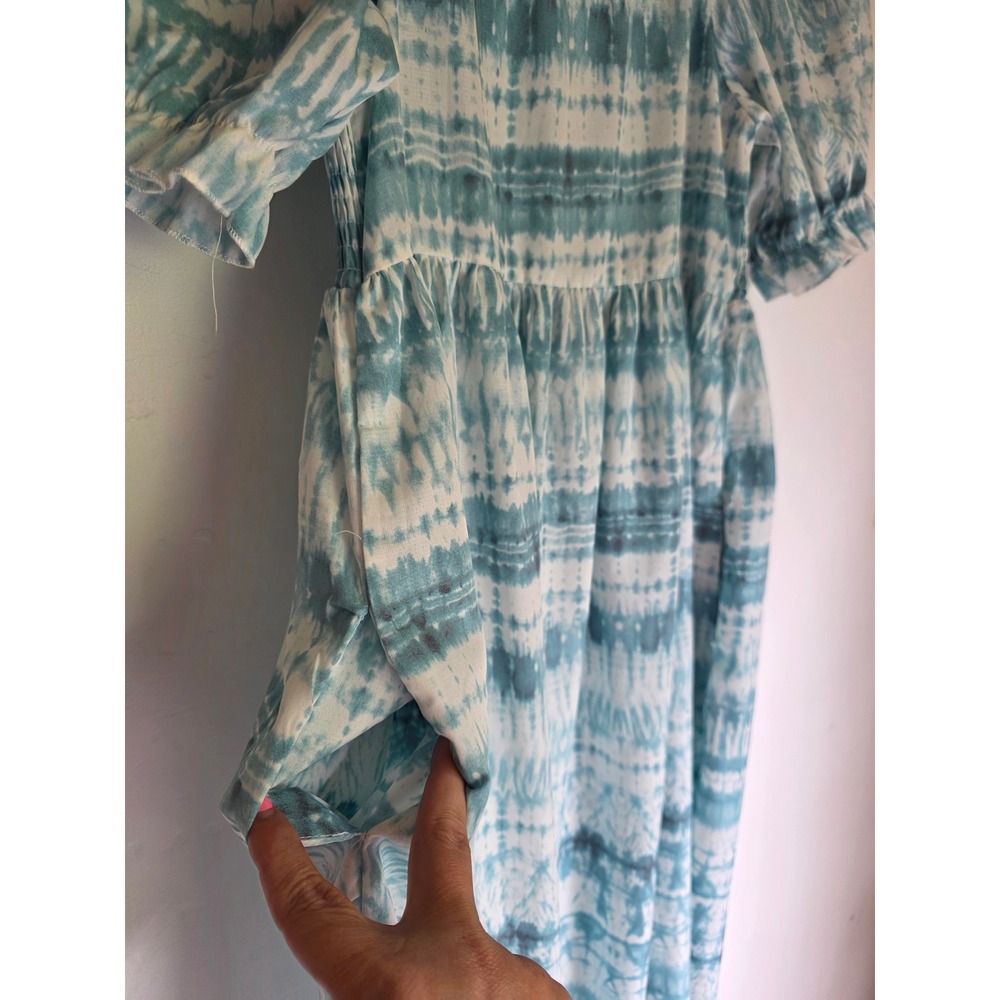 Suzanne Betro Blue White Tie Dye Smocked Puff Sleeve Midi Dress Small Pockets - Picture 7 of 7